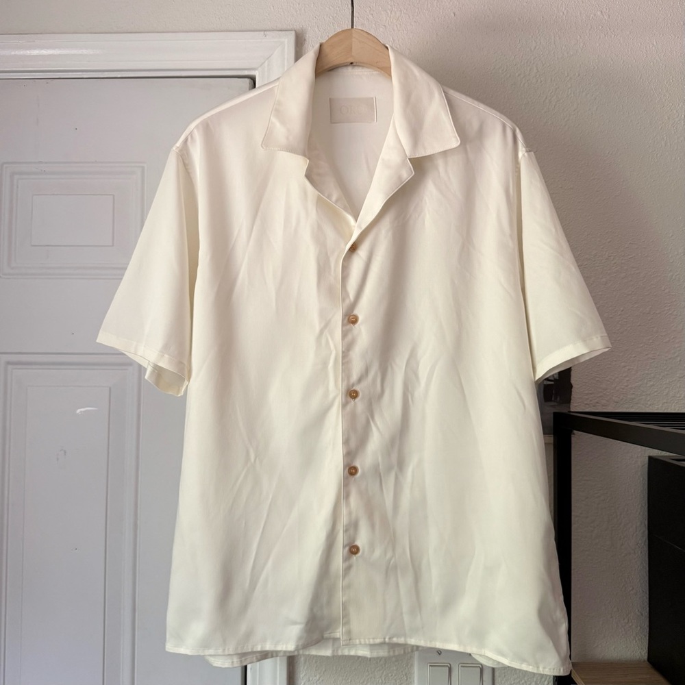ORO LOS ANGELES‎ off white cream cupro satin short sleeve button up shirt